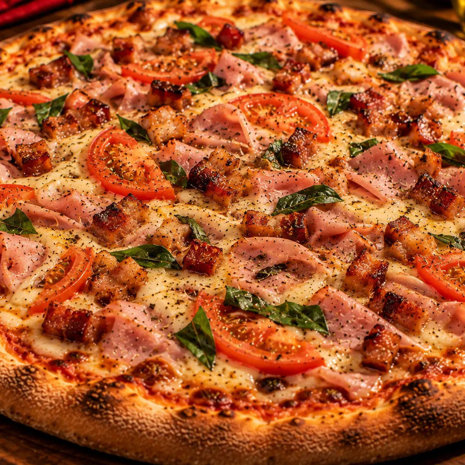 Pizza Do Chef com presunto, bacon, tomate e manjericão