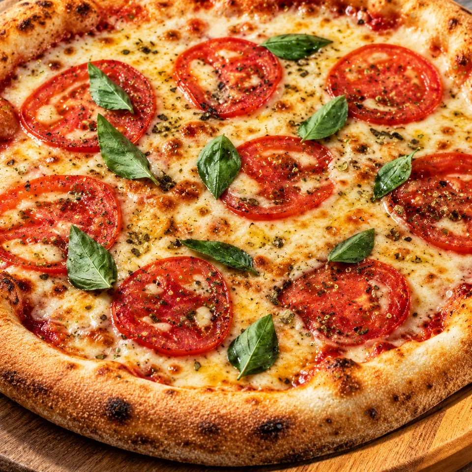 Pizza marguerita com tomate e manjericão