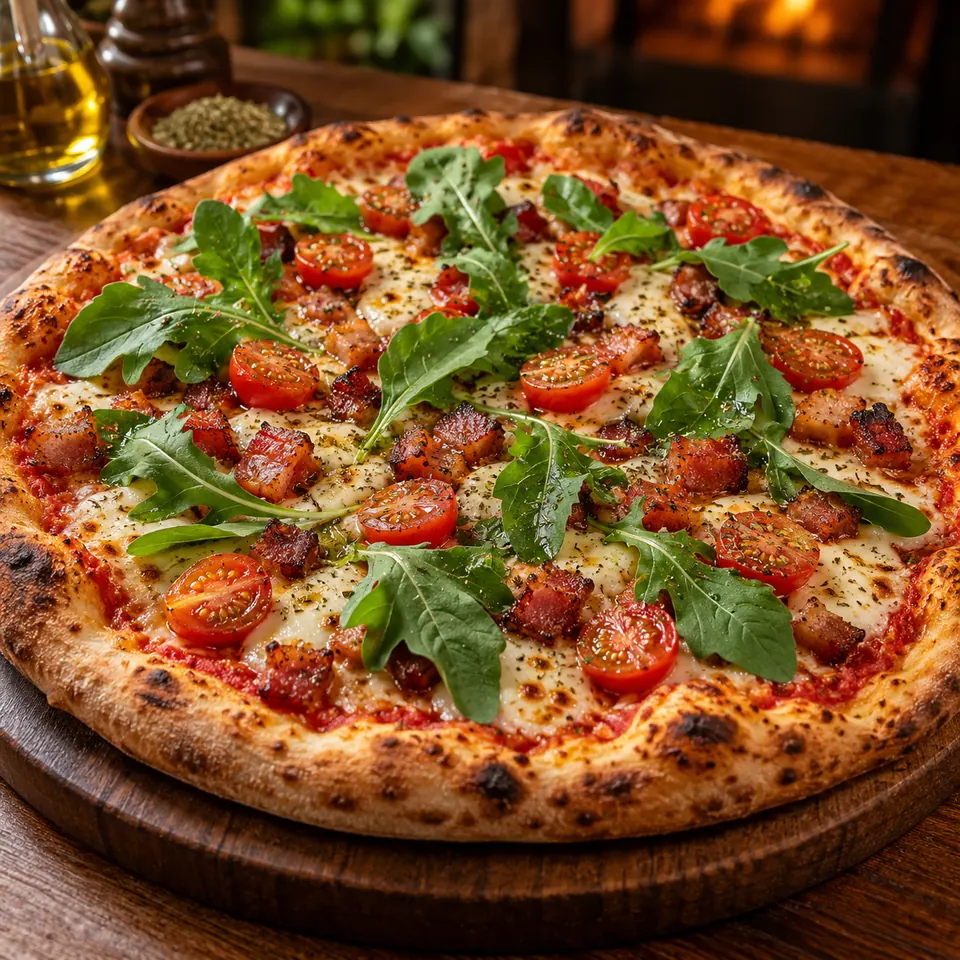 Pizza romanesca com rúcula e tomate-cereja